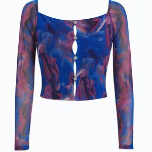 Mesh Keyhole Crop Top with Rhinestone Buttons – Long Sleeve, Blue/Purple